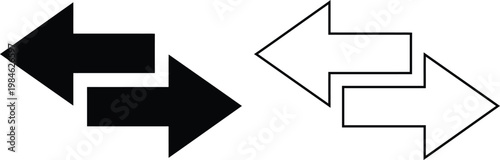 Vector icon set of horizontal swap and exchange arrows pointing left and right in solid black silhouette and line outline styles isolated on white for transfer and reverse concept.