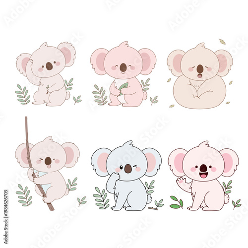 Collection of cute koala character stickers with eucalyptus leaves in various poses, kawaii australian animal illustration for children nursery and stationary