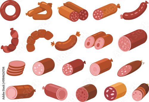 Sausages vector set, meat products collection featuring pork sausage chorizo salami ham beef cuts pepperoni and smoked chicken, butcher shop market food illustration style, rich realistic textures, 