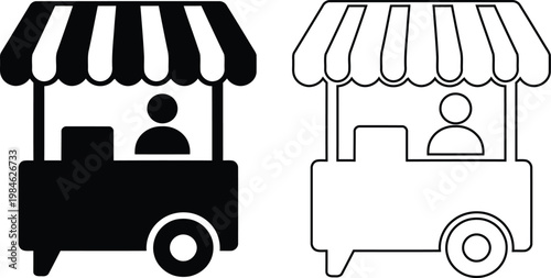 Vector icon set of a retail market stall and street food vendor cart kiosk with a striped awning in flat black silhouette and line outline styles isolated on a white background.