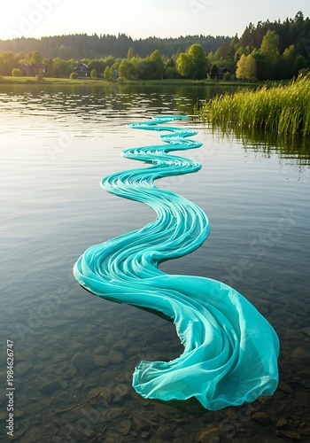Teal Fabric Floating on Calm Water