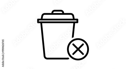 A minimalist line illustration of a waste bin with a lid and a circular prohibition sign featuring a crossed out symbol next to it on a clean surface.