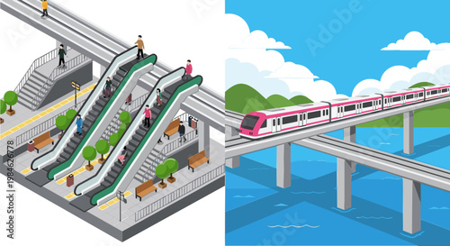 Escalator and Elevated Train Icon Set for Urban Transport, Infrastructure, and Commuting Design