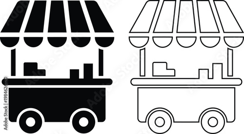 Vector icon set featuring an outdoor street market vendor food cart stall booth with a striped awning canopy in solid black silhouette and linear outline styles.