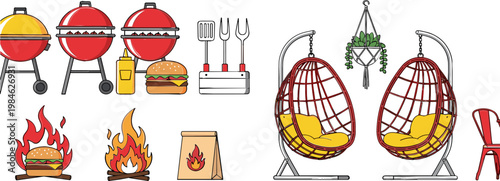 BBQ Grill and Outdoor Chair Icon Set with Fire, Burgers, and Cooking Tools for Summer, Picnic, and Outdoor Design