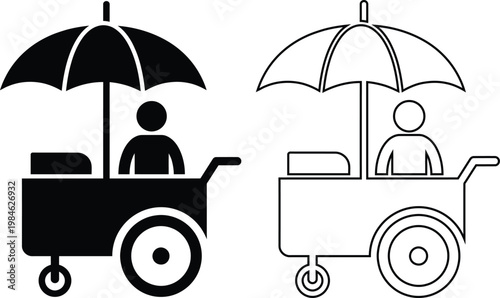 Vector icon set of street food vendor cart with seller and umbrella in minimalist solid black silhouette and line outline styles isolated on white for outdoor market stall kiosk.