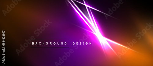 Vibrant abstract background. Orange, purple hues blend with bright neon lines creating dynamic visual effect. Modern design element.