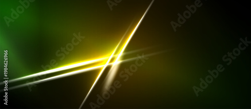 Abstract background features vibrant green, yellow lines. Dynamic energy radiates from central intersection. Dark shadows create depth.
