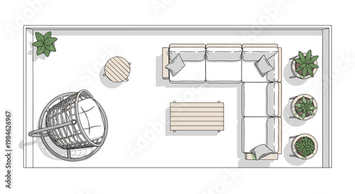 Top-down isometric view of a contemporary balcony setup featuring an L-shaped sectional sofa, a coffee table, a side table, a hanging egg chair, and various potted plants.