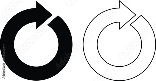 Minimalist flat vector icon set featuring a circular refresh arrow for reload loop cycle and sync update in clean solid black silhouette and linear outline styles isolated on white.