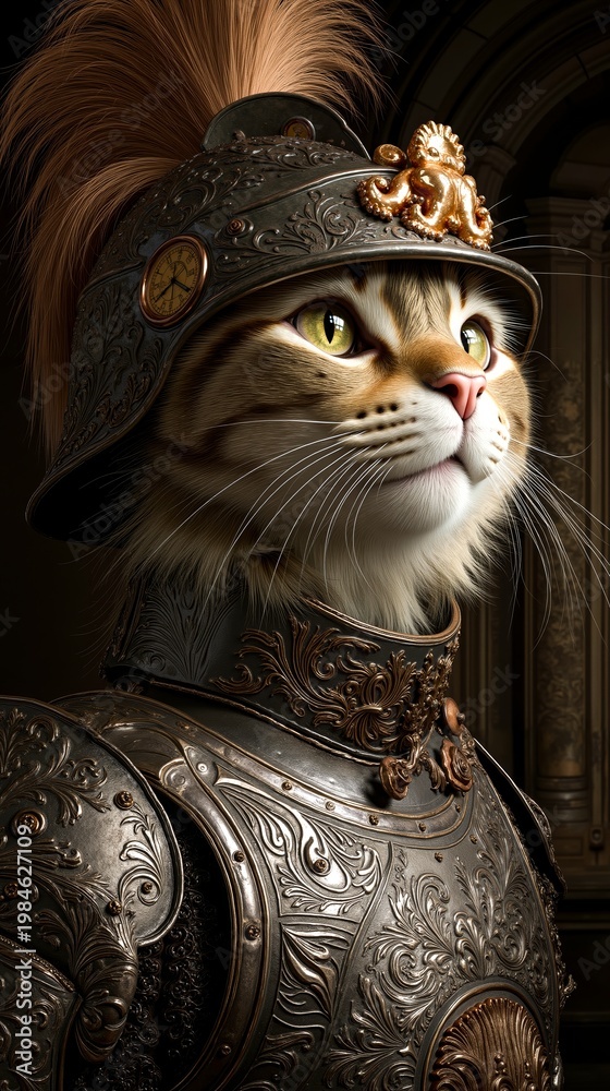 Fototapeta premium A cat wearing a helmet with a lion on it's head