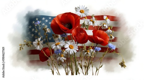 A bunch of flowers in front of an american flag