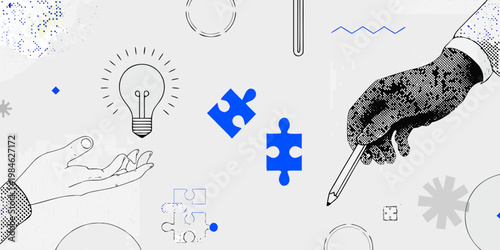 Hands puzzle pieces and a lightbulb represent innovation and problem solving