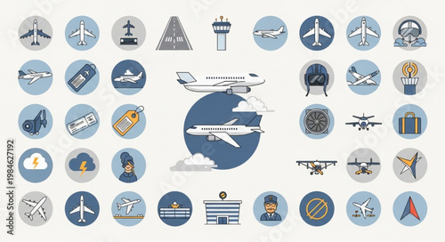Collection of aviation and travel icons with airplanes and airport elements.