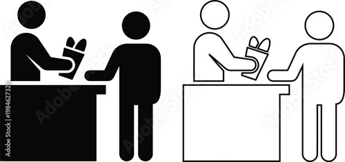 Vector icon set featuring a retail store transaction with a cashier handing a bag to a customer at a checkout counter in solid black silhouette and linear outline styles.