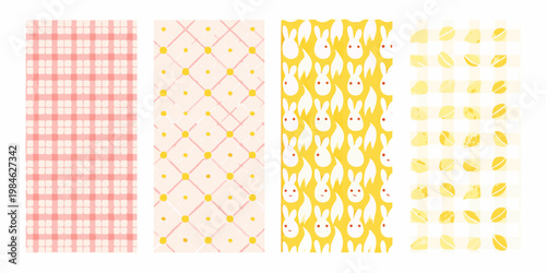 Four patterned rectangles display gingham diamonds rabbits and lemons