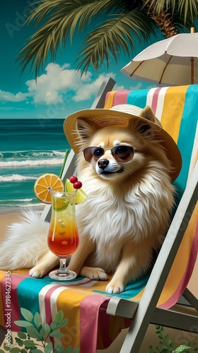 A dog sitting in a beach chair with a drink and a hat