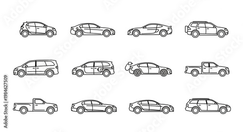 Collection of Hand Drawn Car Silhouettes on White Background.