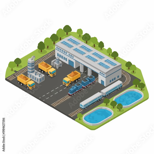 Modern Train Depot With Solar Panels And Water Features.