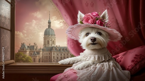 A white dog wearing a pink dress and a pink hat sitting on a couch