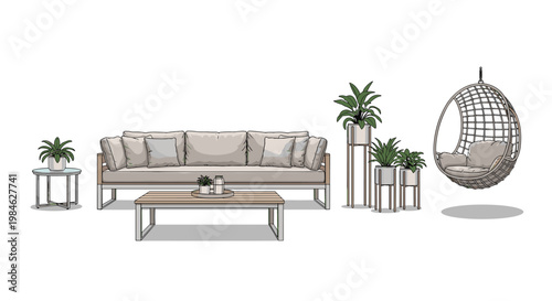 Spacious outdoor balcony furniture set includes a long three-seater sofa, a rectangular coffee table, a round side table, a hanging egg chair, and various potted plants on stands.