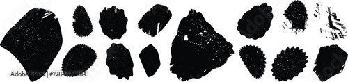 Distorted irregular shapes collection . Oval shapes design . Textured blobs . Trendy grainy shapes set . Graph print texture .Stamp effect .Grunge texture . Distressed element .vector
