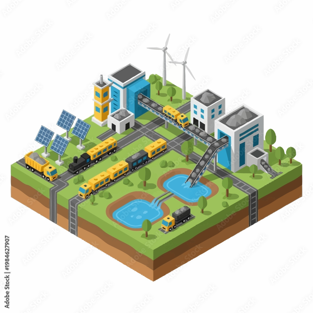 Fototapeta premium Sustainable city infrastructure with renewable energy and transportation systems.