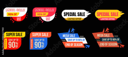 Set of sale banner badge templates. Stickers best offer price and mega sale pricing tag badge design. Limited sales offer label or store discount banner card.Various style colorful concepts.