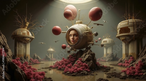 A woman in a space station surrounded by pink flowers and trees