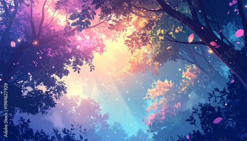 Floating petals amid iridescent canopy over dreamy clearing. Poetic landscape crafted for greeting card merchandising. Celestial shimmer inspires romantic seasonal decoration