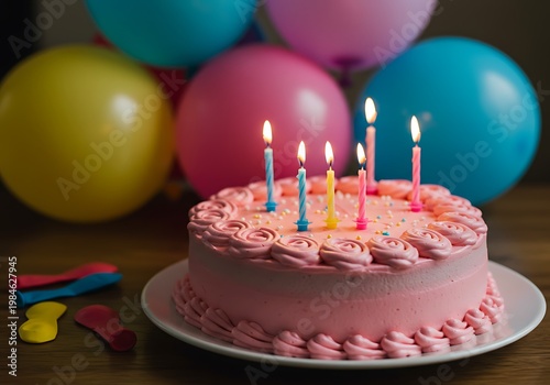 Pink Birthday Cake with Lit Candles and Balloons