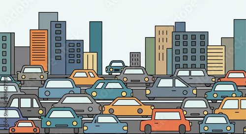 Busy city street with many cars in traffic jam.
