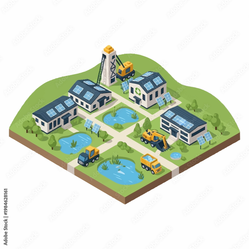 Fototapeta premium Sustainable energy development in a small town illustration.