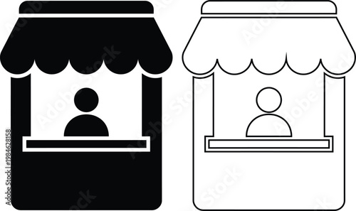 Vector icon set of retail market vendor booth and street food kiosk stall in solid black silhouette and line outline isolated on white for local business shop commerce.