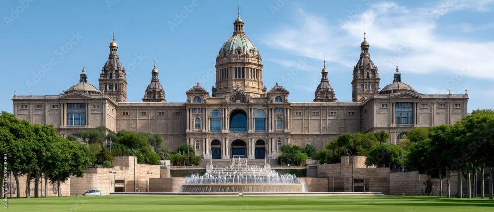 Obraz premium People walk around a large building and a fountain near a green lawn under a blue sky on a sunny day with no clouds
