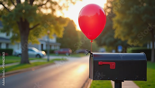 Red balloon attached to mailbox at sunset in suburban neighborhood