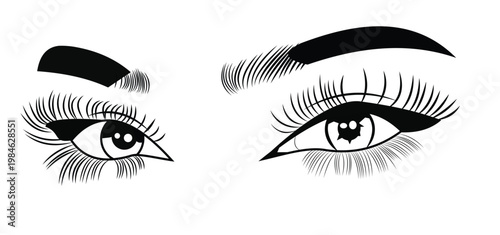 Black and white illustration of two female eyes with long eyelashes