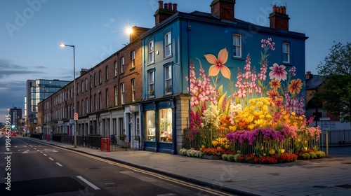 A colorful mural on the side of a building on a city street