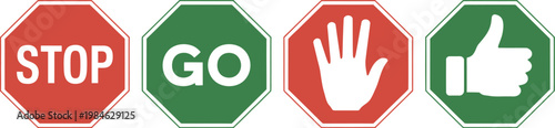 Stop and go sign icon set, vector illustrations with red stop and green go symbols for traffic control road safety and transportation design.