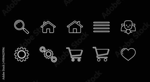Collection of essential white outline web icons on a black background, digital interface elements