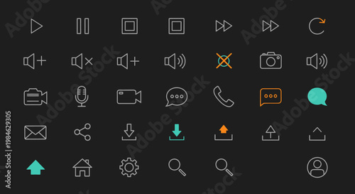 A comprehensive collection of outline UI icons for media playback, communication, file management, and navigation on a dark background.