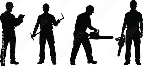 Construction worker lumberjack silhouette set, builder contractor holding chainsaw, clipboard tool, industrial forestry labor hard hat vector graphic illustration elements.