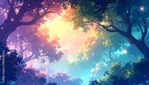 Prismatic treetops framing vibrant aura above enchanted silence. Imaginative scene tailored for gaming splash presentation. Velvet shadows contrast glowing flora amid airy magic