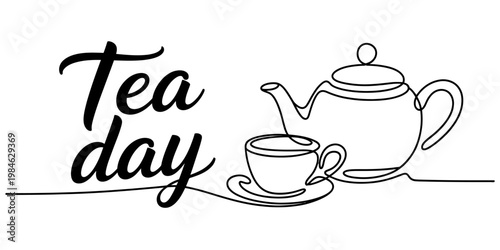 A minimalist single line drawing illustration of a tea pot and a cup with the text tea day included Vector, illustration