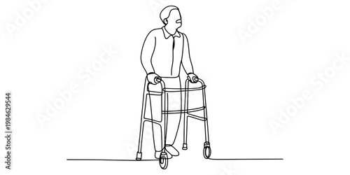 Single line drawing of an elderly man walking with the help of a medical walker frame Vector, illustration
