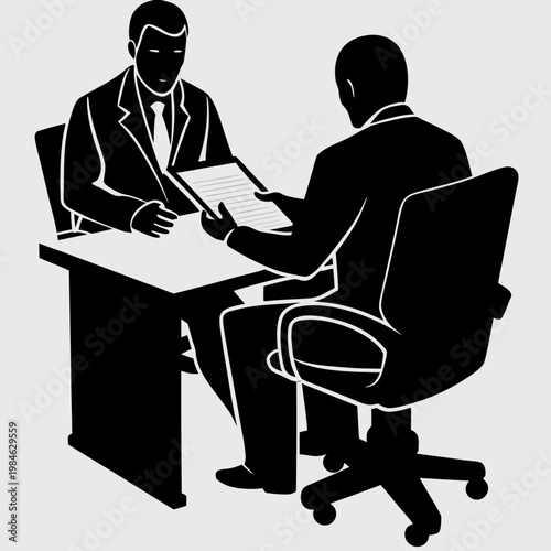 business job interview silhouette, employer and candidate talking at desk, hr manager recruitment concept isolated on white
