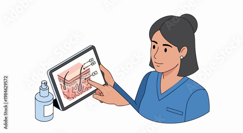 Professional Female Dermatologist Explaining Skin Layers and Hair Follicle Anatomy on Tablet Screen, Skincare Illustration for Medical or Cosmetic Education