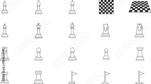 Minimalist Black Line Vector Icon Set of 20 Hand-Drawn Chess Pieces and Strategy Symbols, Featuring King, Bishop, Knight, Rook, Pawn, Chessboard, and Goal Flags for Business, Gaming, and Success.