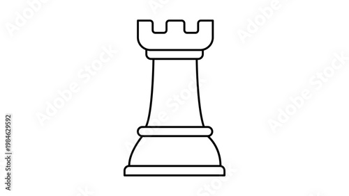 Minimalist black line vector icon of a chess rook piece on a white background. This scalable outline illustration represents a castle or tower, perfect for games, strategy, and business concepts.