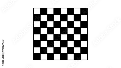 Minimalist black and white chessboard vector icon illustration on a white background, top-down view of a classic 8x8 checkered game board for strategy, competition, and leisure activities.